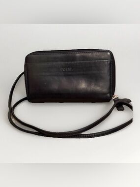 VTG Fossil Black Leather Crossbody Clutch Wallet Women's Travel Purse Double Zip
